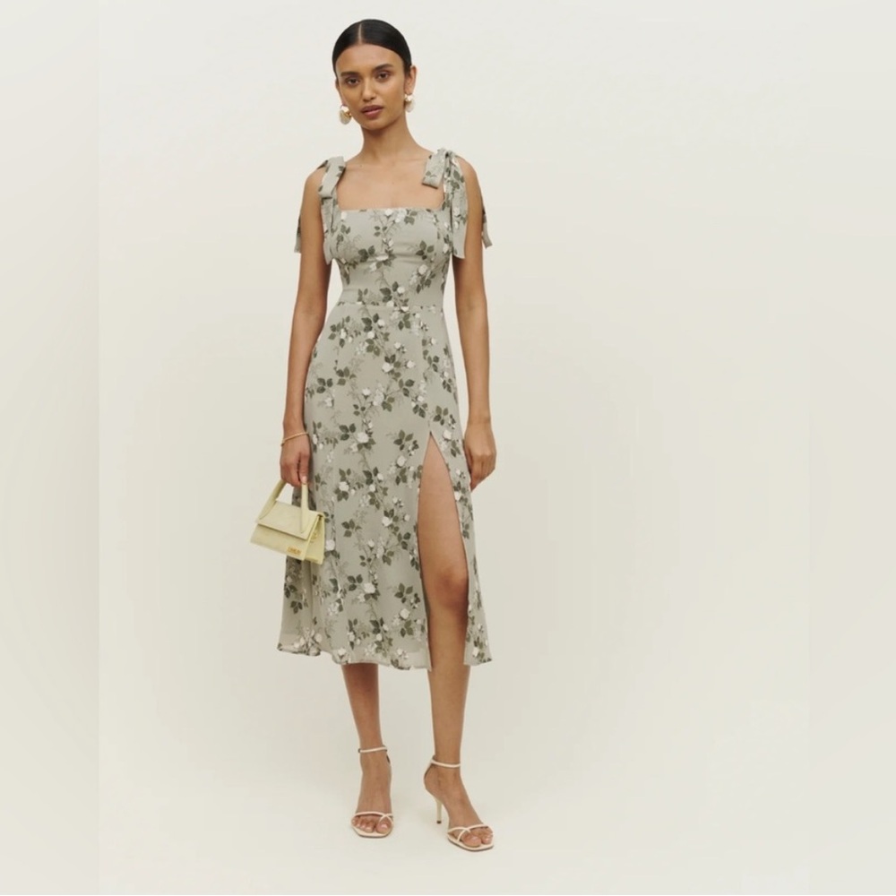 Floral Tie-Strap Reformation Midi Dress – Sage Green | Size Small